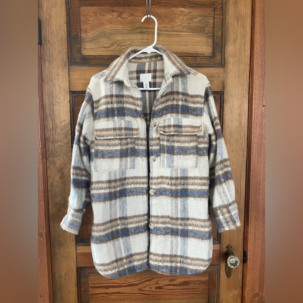 H&M Cream and Blue Plaid Shacket